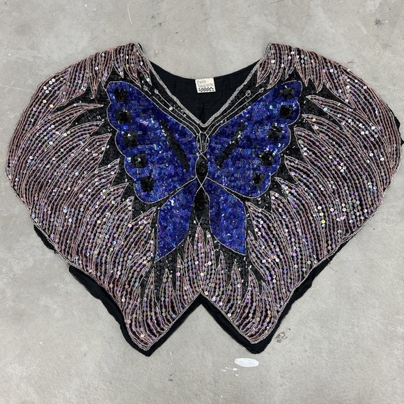 Tops - Vintage 1970s Retro Disco Boho Beaded‎ Sequin Butterfly Silk Top